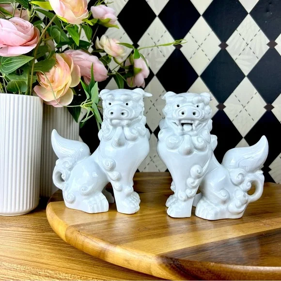 Foo Dog Pair Luxury White Set Ceramic Chinoiserie Guardians Vintage Luxury 6” - Picture 5 of 12